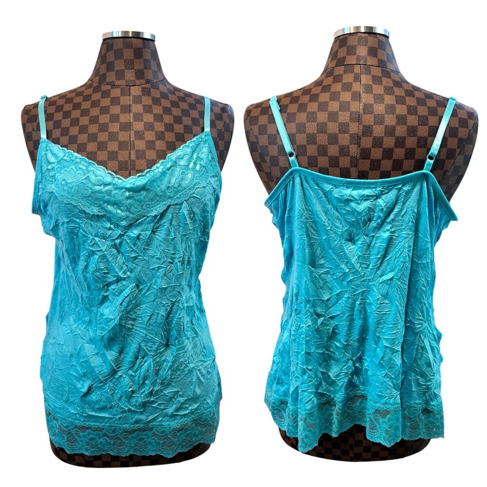 Y2K Aqua Blue Crinkle Cami Tank Top Lace Trim Size 2XL Festival Babydoll Boho